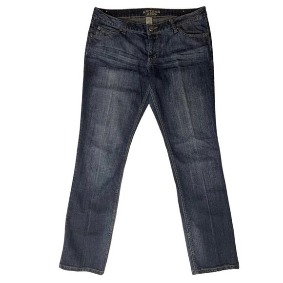 Arizona Jean Company Denim - ARIZONA Mid-Rise Dark Jeans Juniors 15 Average Straight Leg Stretch‎ Lt Distress